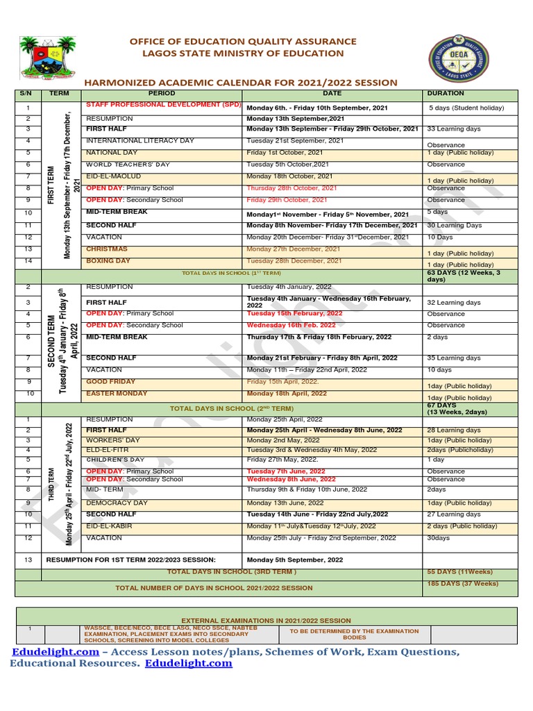 Lagos State Harmonized 2021-2020 Academic Calendar | PDF | Academic Term |  Test/Examination