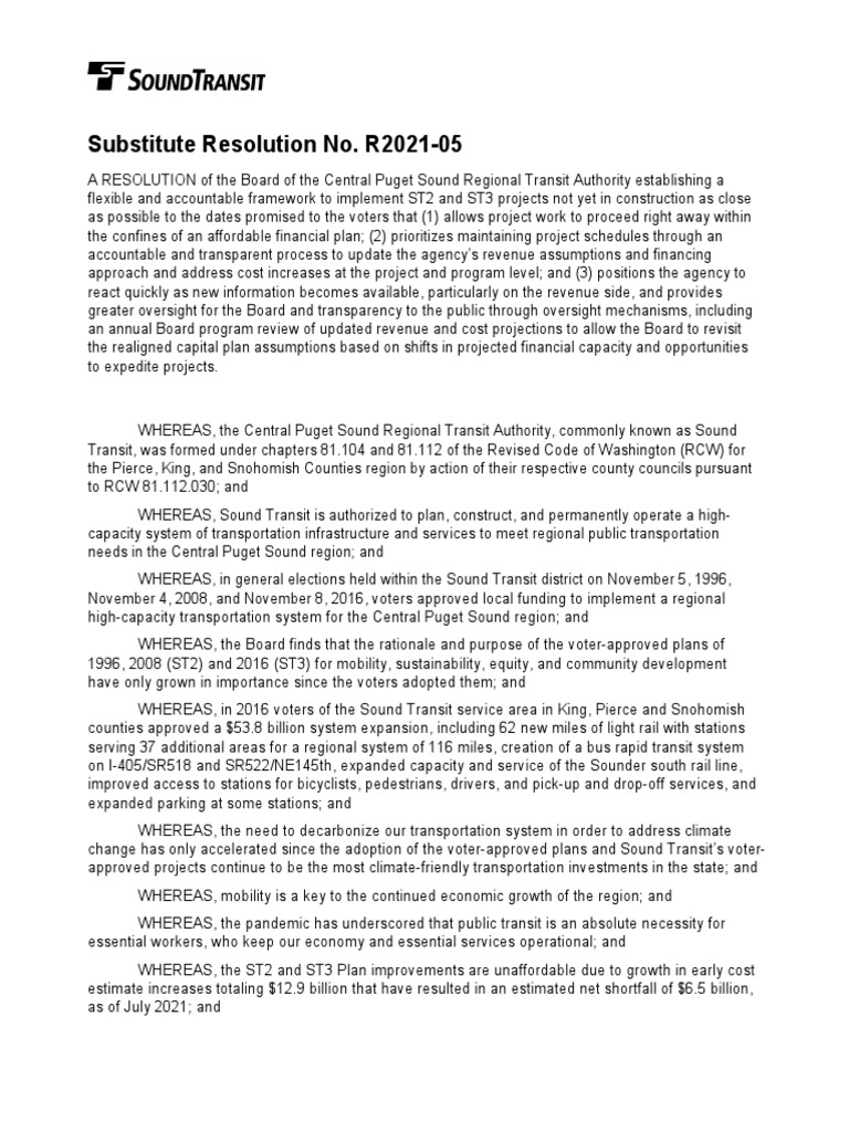 Sound Transit Substitute Resolution R202105 With Exhibits A and B