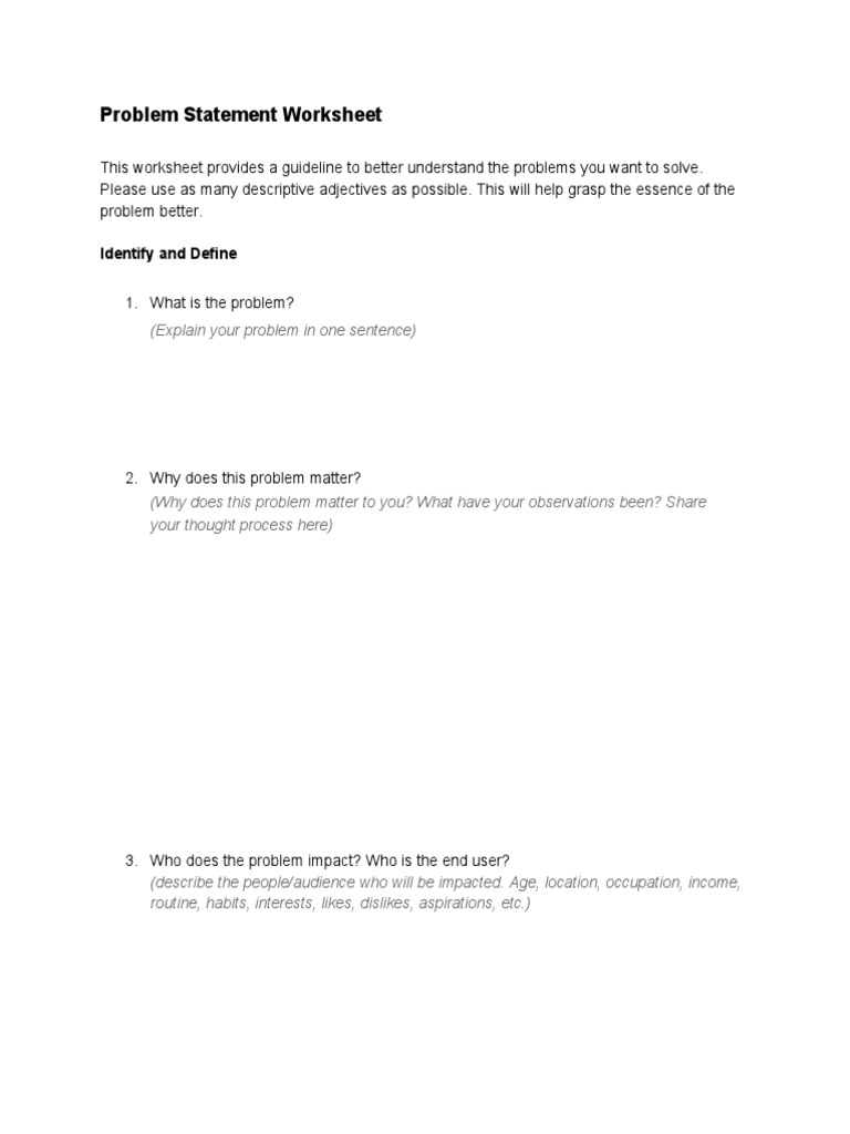 Problem Statement Worksheet: Identify and Define | PDF | Cognition ...