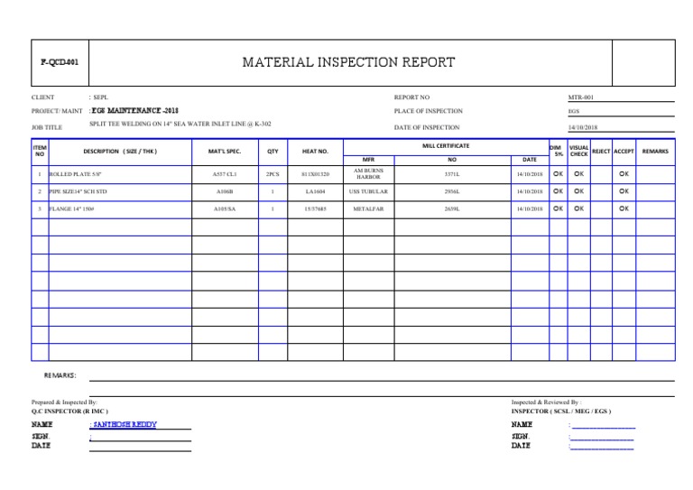 Material Inspection Report Template | PDF | Mechanical Engineering ...