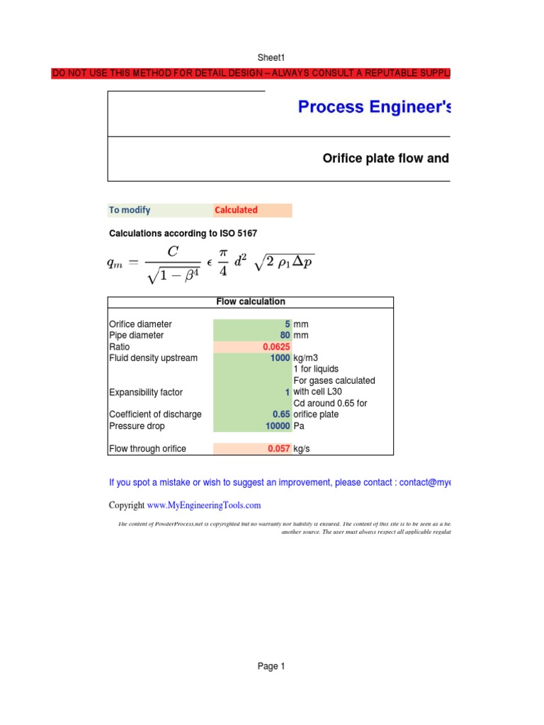 Orifice Plate Flow and Pressure Drop Calculation Tool To Modify PDF