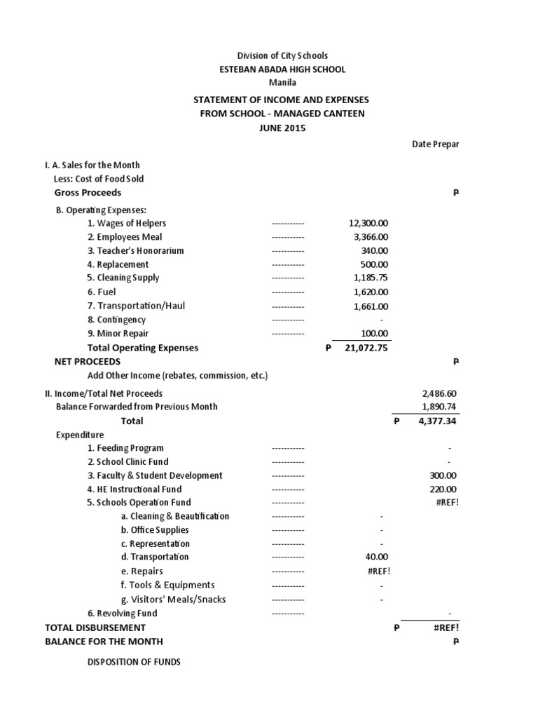 Statement of and Expenses From School Managed Canteen JUNE
