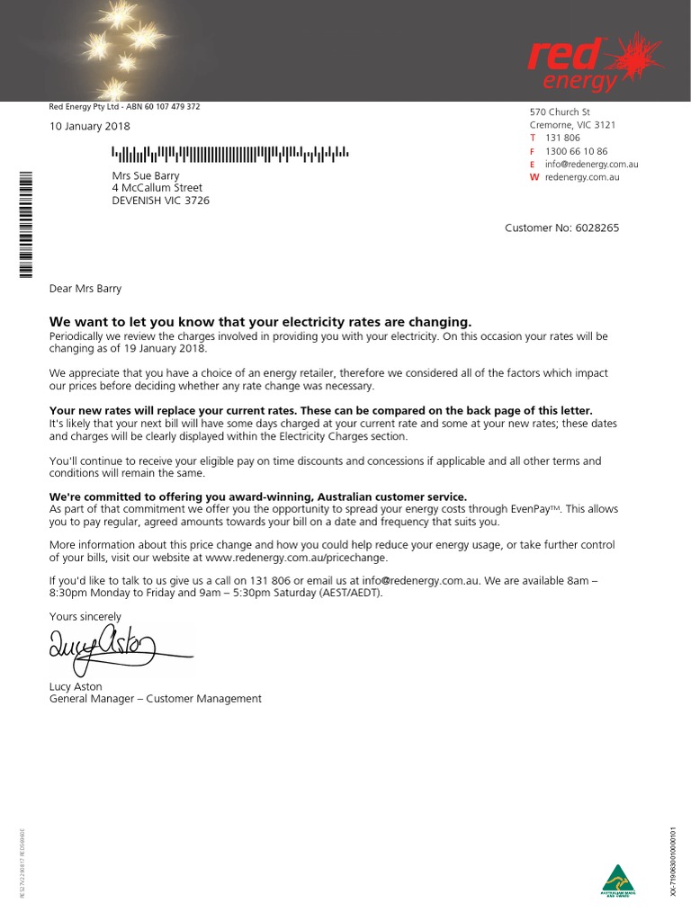 Red Energy Rate Change Notification | PDF | Electric Power | Physical ...