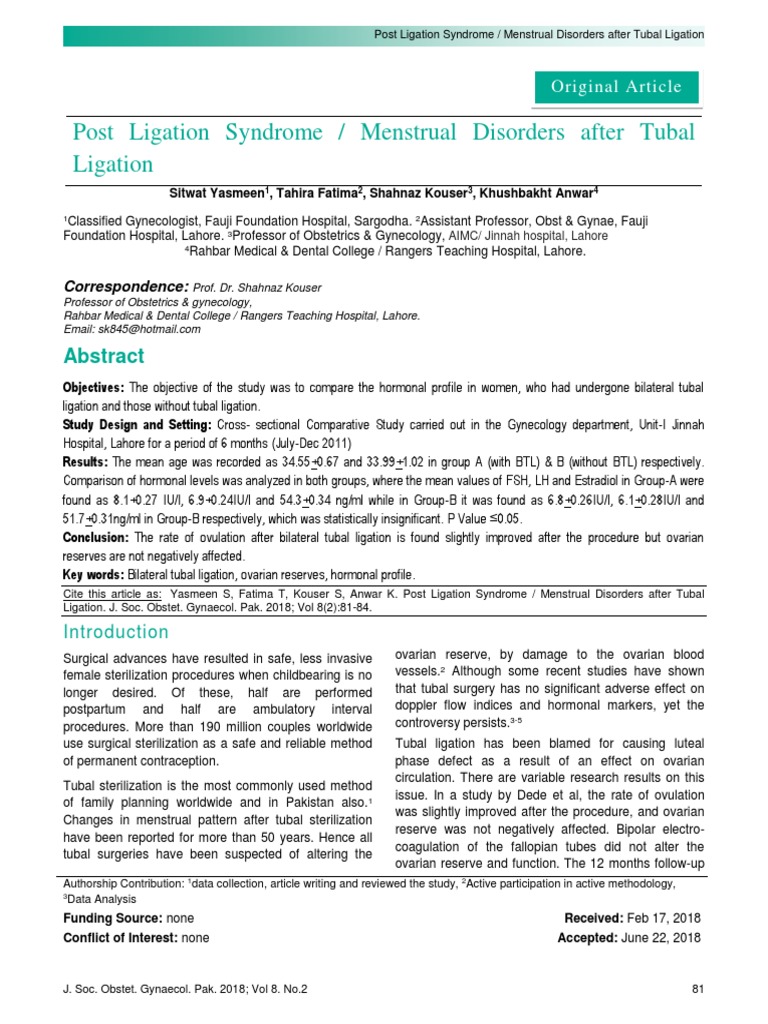 Post Ligation Syndrome / Menstrual Disorders After Tubal Ligation PDF