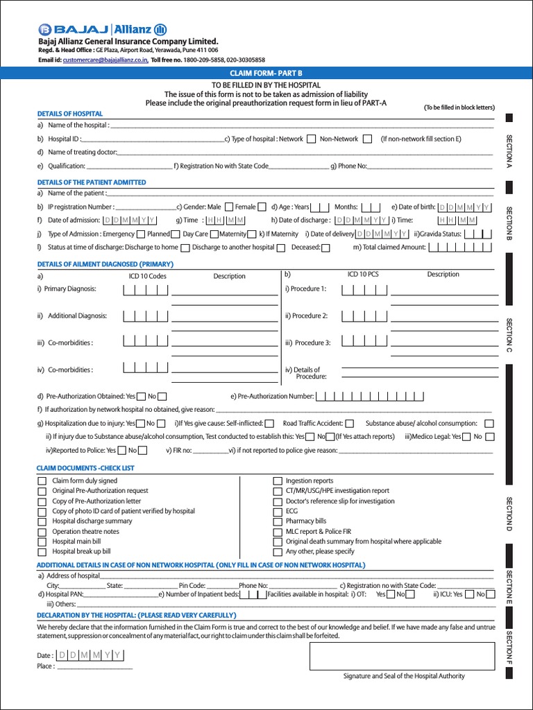 Reimbursement Claim Form Part B PDF Hospital Health Sciences