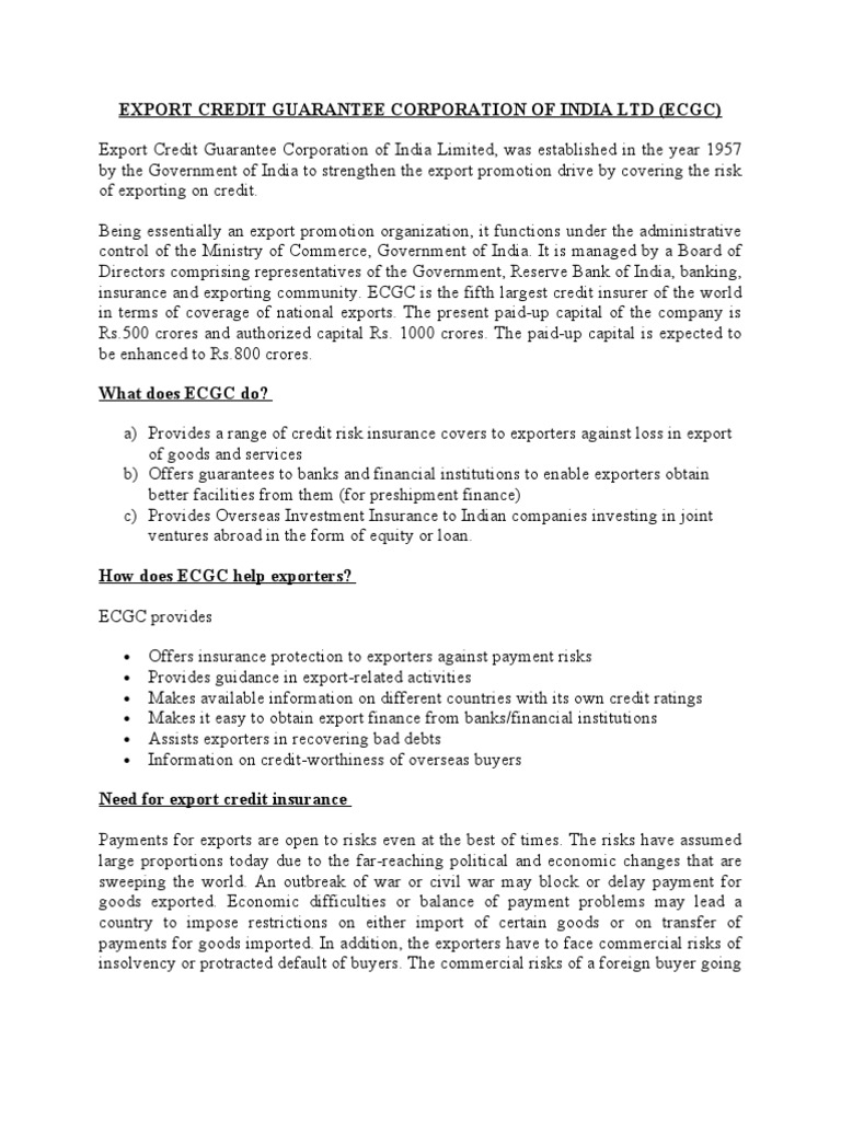 ECGC: Export Credit Insurance Overview | PDF | Credit | Finance & Money ...