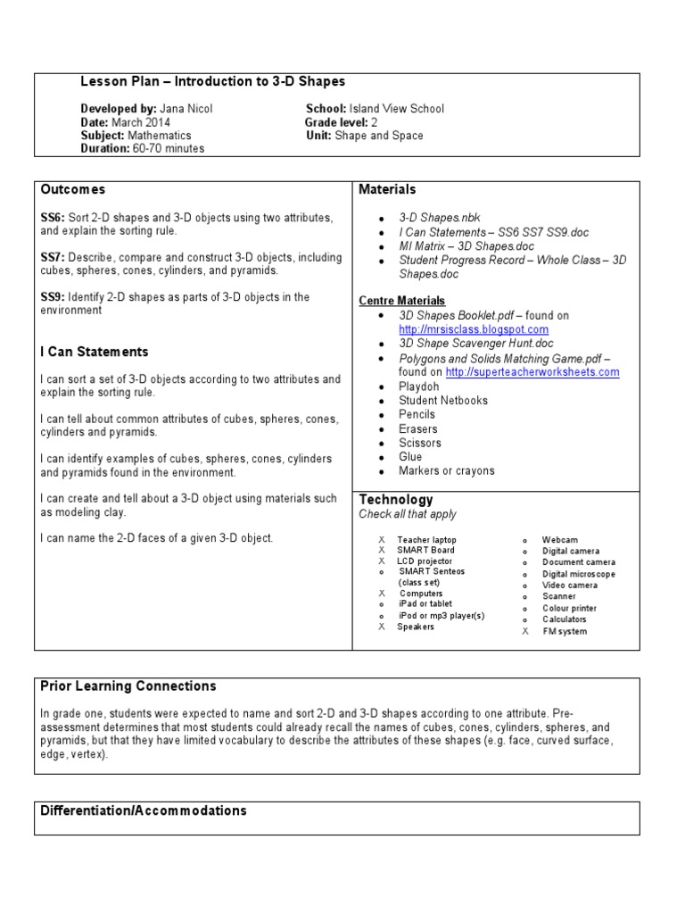 Grade 2 Lesson Plan: 3-D Shapes | PDF | Shape | 3 D Computer Graphics