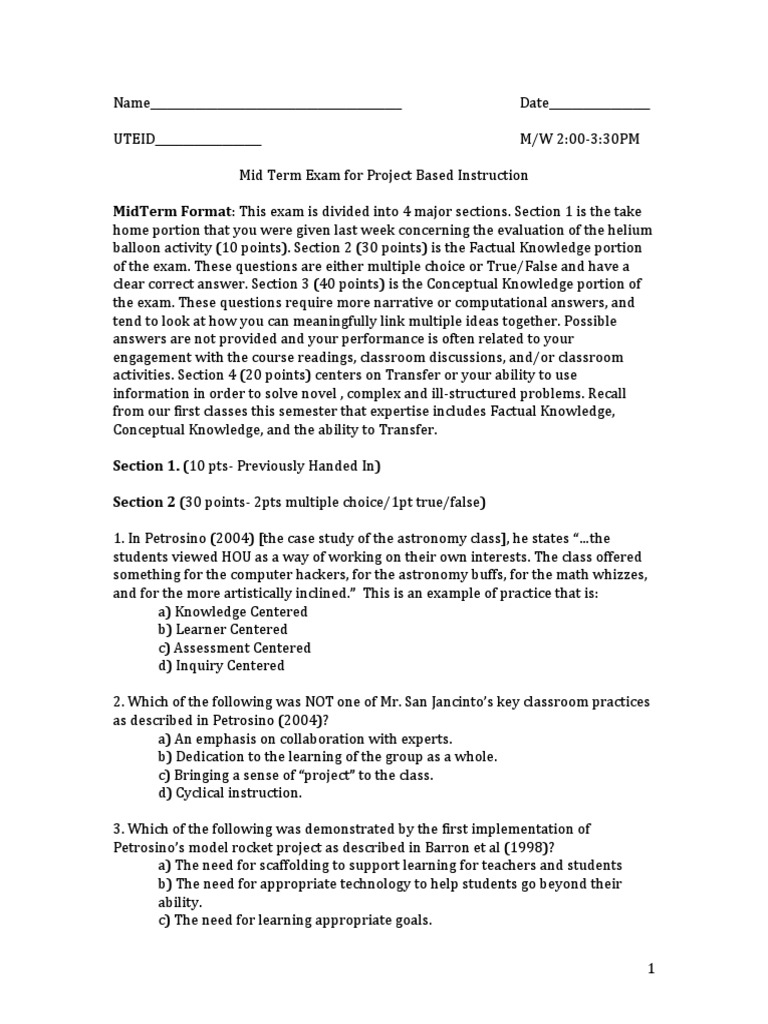 Midterm Format: This Exam Is Divided Into 4 Major Sections. Section 1 ...