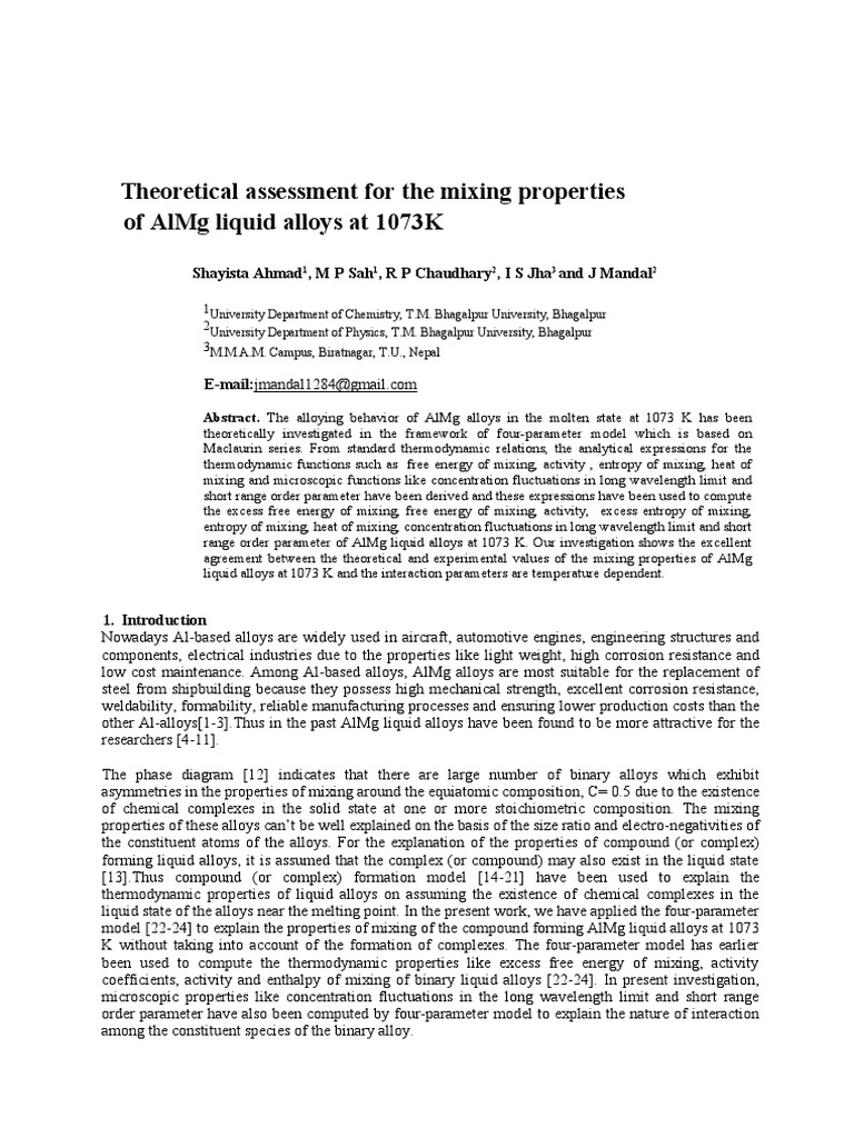 Theoretical Assessment For The Mixing Properties of Almg Liquid Alloys ...
