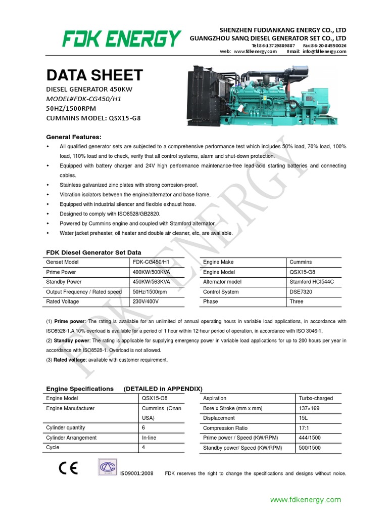 Data Sheet Diesel Generator 450Kw 50HZ/1500RPM Cummins Model Qsx15G8