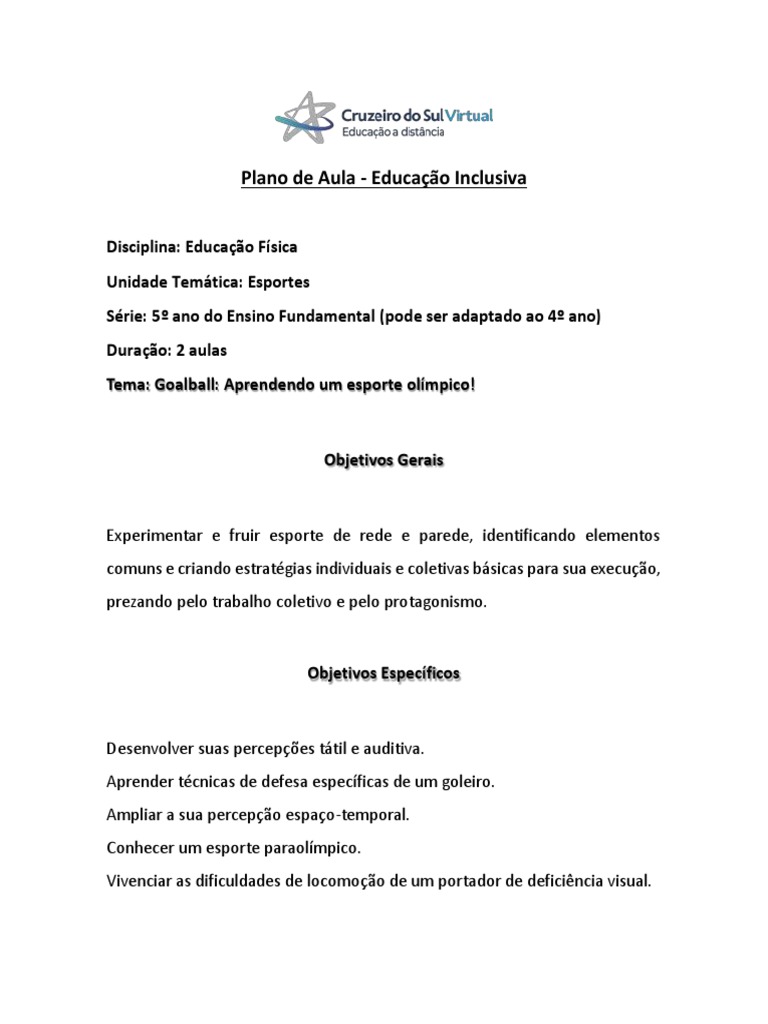 Plano de Aula Educação Inclusiva Estagio | PDF | Esportes | Lazer