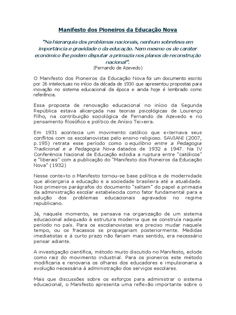 Manifesto Dos Pioneiros Da Educação Nova | PDF | Sociologia | Estado