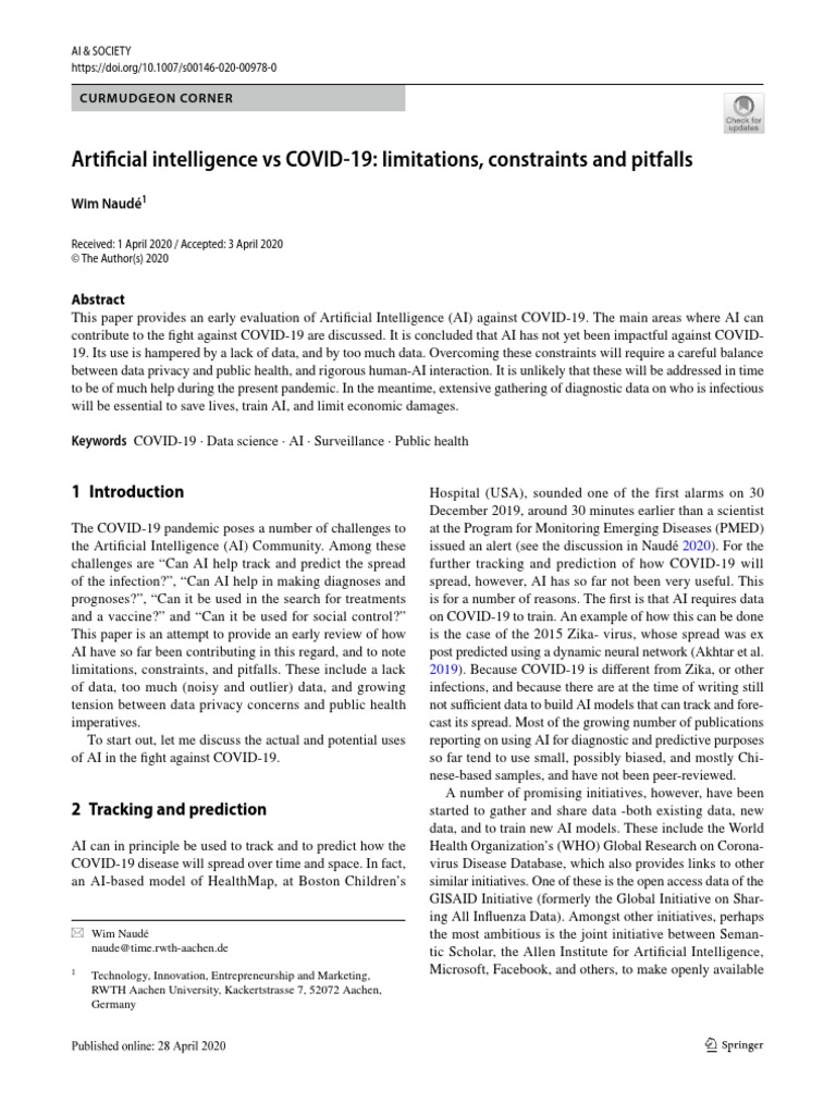 Artificial Intelligence Vs COVID 19: Limitations, Constraints and ...