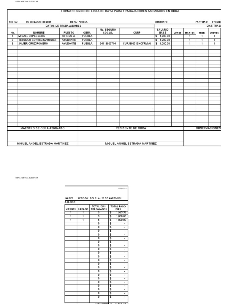 Formato de Lista de Raya para Obras | PDF