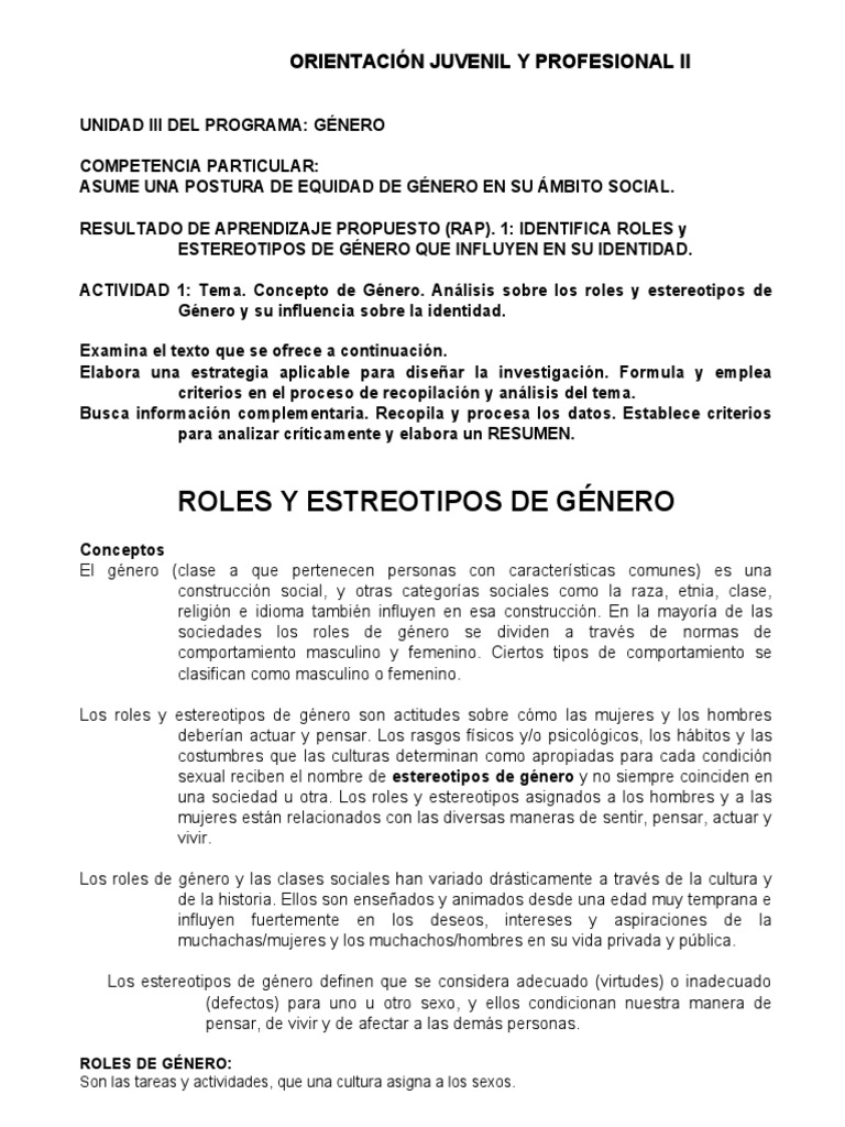 Roles y Estereotipos de Género en Jóvenes | PDF | Estereotipos ...