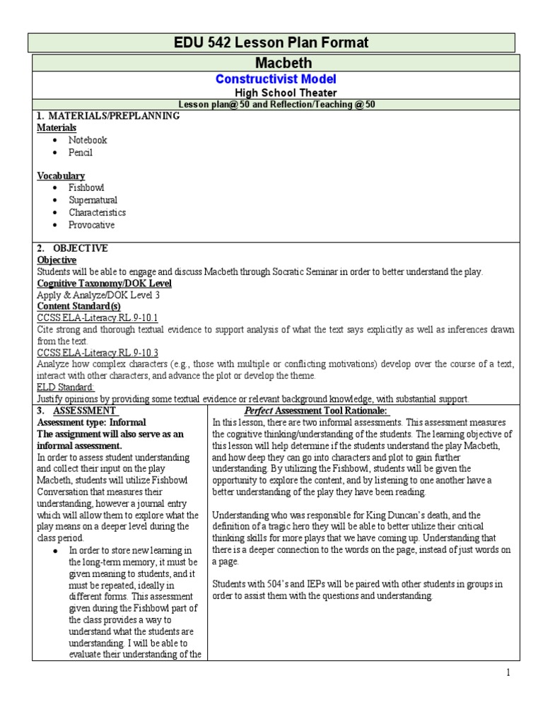 Constructivist Macbeth Lesson Plan | PDF | Constructivism (Philosophy ...
