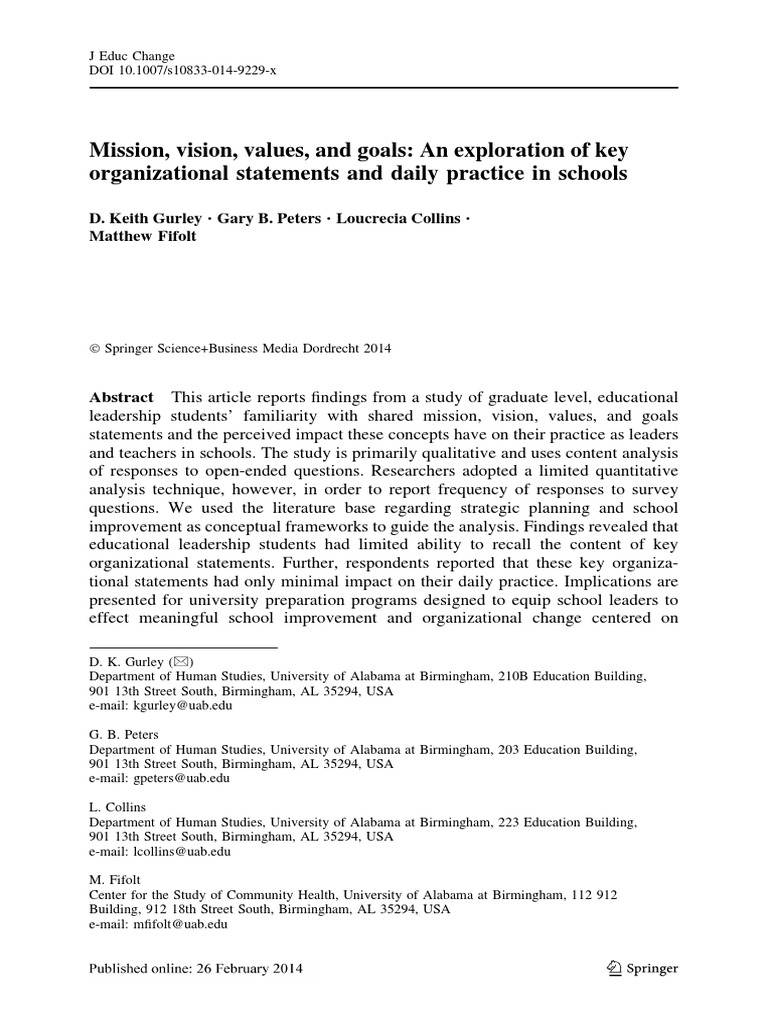 Impact of Mission and Vision in Schools | PDF | Survey Methodology ...