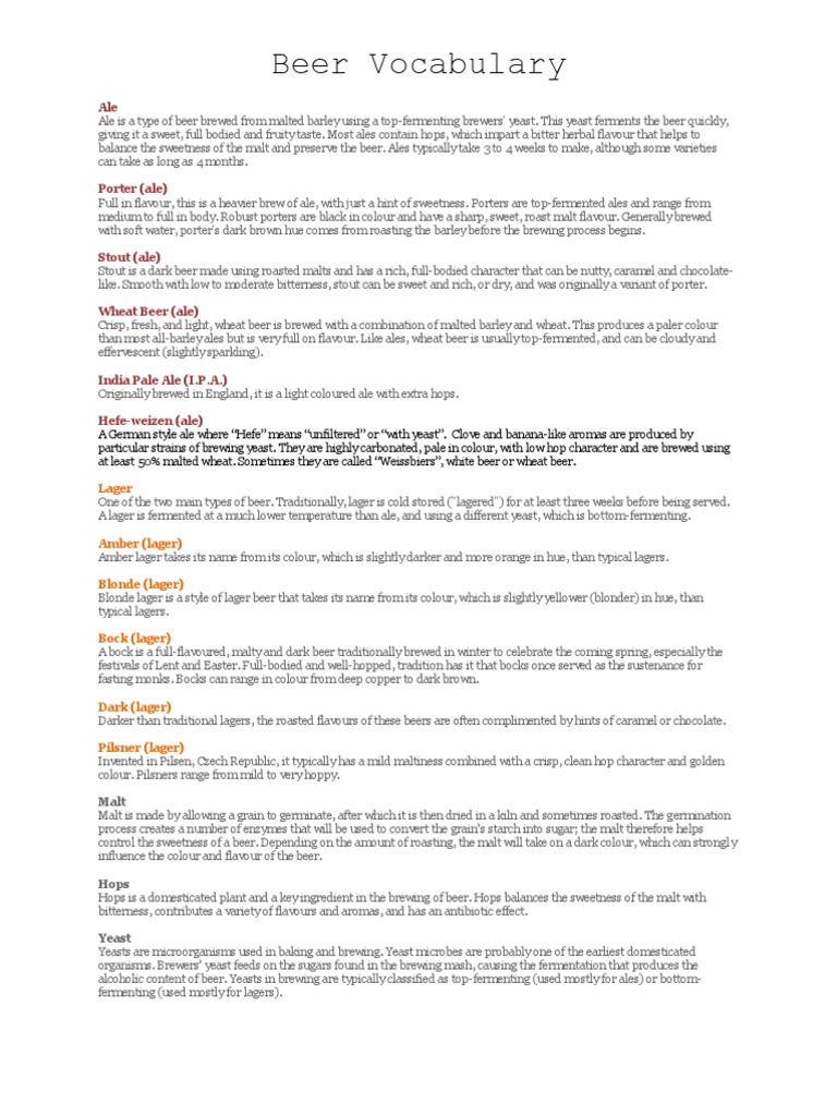 Beer Vocabulary PDF Brewing Ale