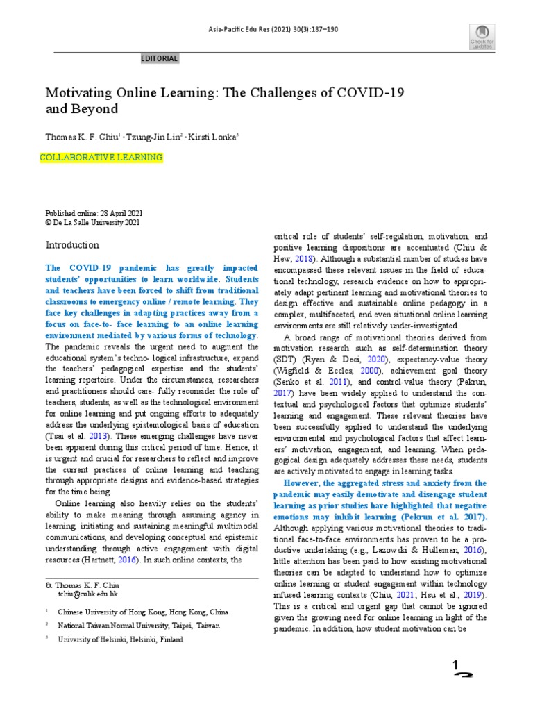 Motivating Online Learning: The Challenges of COVID-19 and Beyond | PDF ...