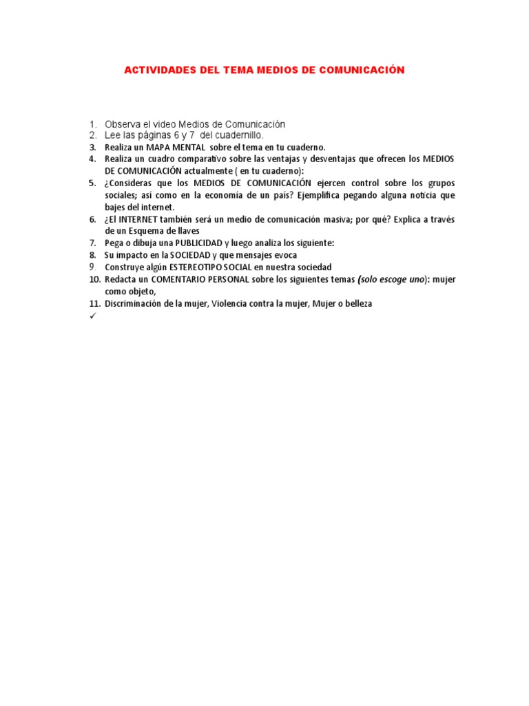 Actividades Del Tema Medios de Comunicación | PDF