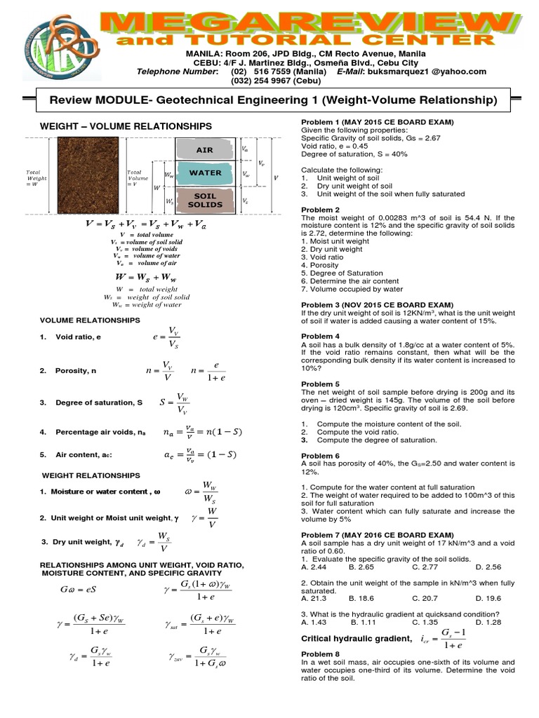 Review Module Geotechnical Engineering 1 Weight Volume Relationship