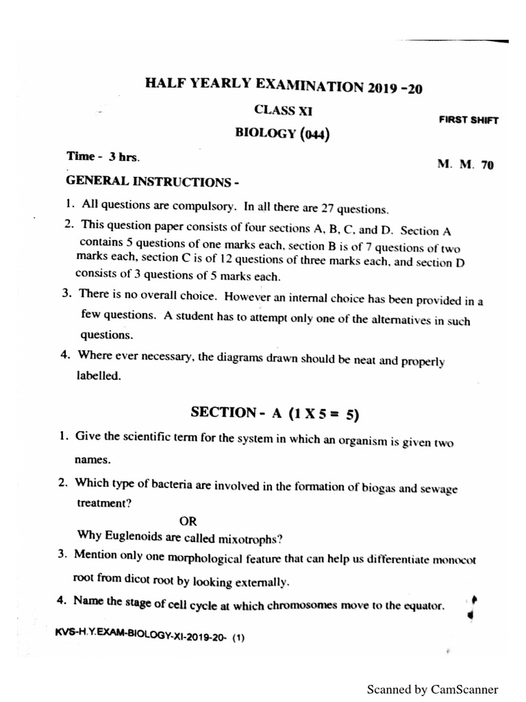 Biology Class XI Half Yearly 2019-20 | PDF