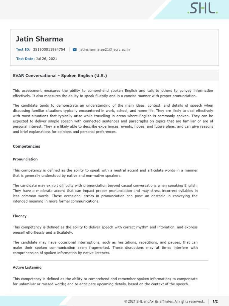 SHL SVAR Spoken English Assessment | PDF | Fluency | Speech