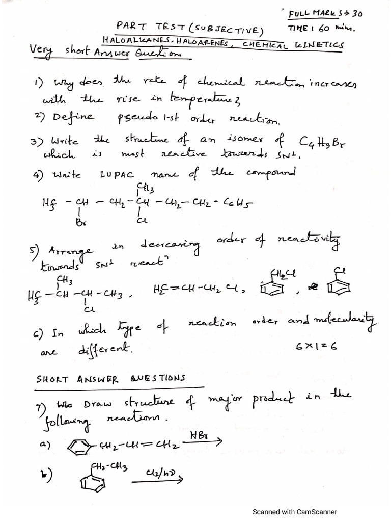 Subjective Part Test (Haloalkanes, Haloarenes & Chemical PDF