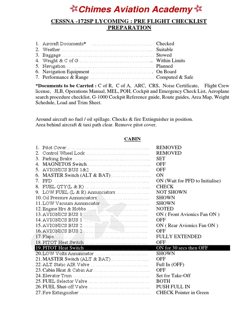 Preflight Checklist - CESSNA 172R LYCOMING CHIMES AVIATION ACADEMY 2020 ...