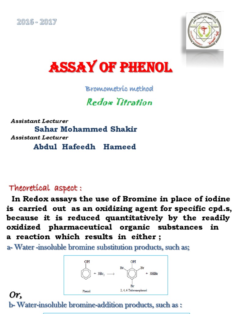 Assay of Phenol by Bromometric Method PDF Titration Chemistry