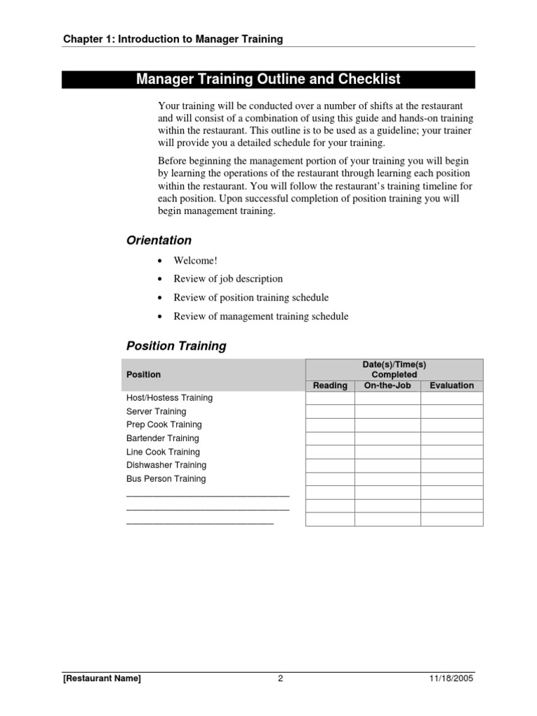 Manager Training Outline and Checklist | PDF | Restaurants | Waiting Staff