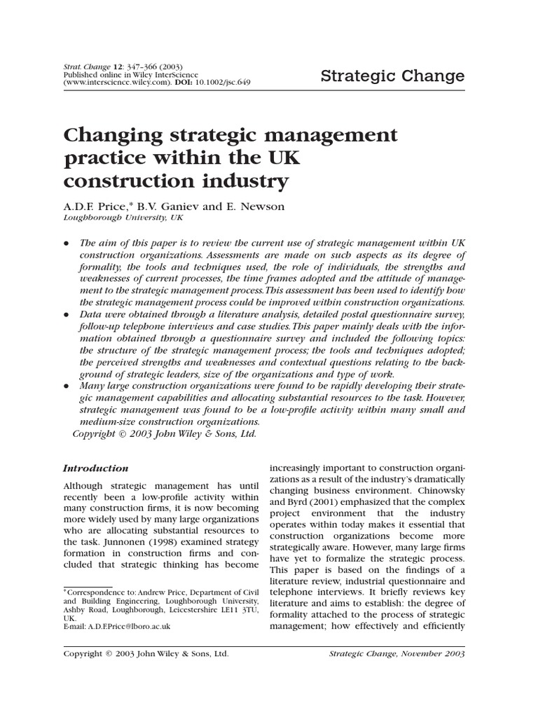 Changing Strategic Management in UK Construction Industry PDF