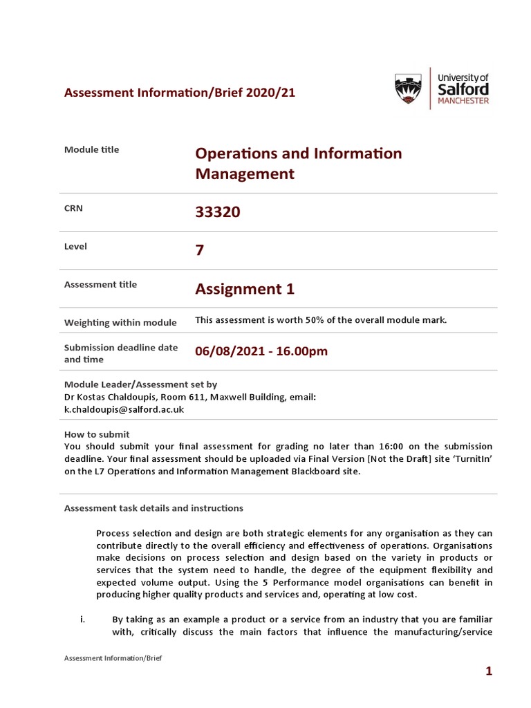 Operations Management Assessment Brief | PDF | Academic Dishonesty ...