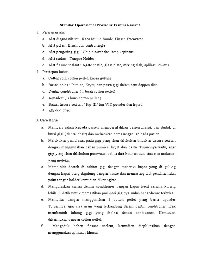 Standar Operasional Prosedur Fissure Sealant PDF