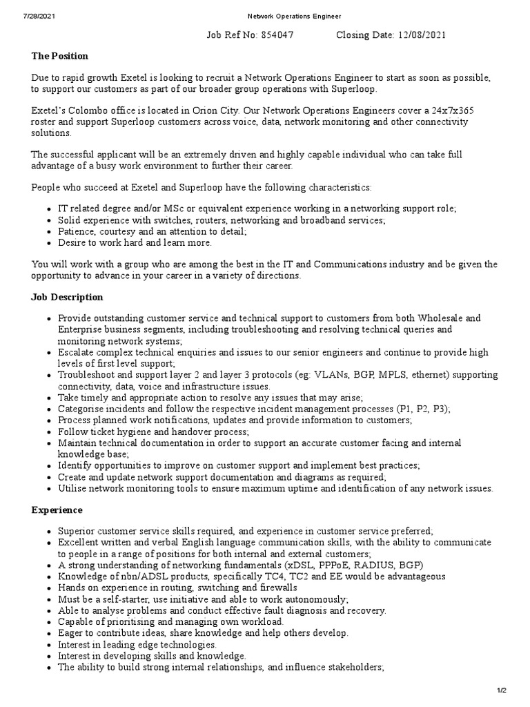 Network Operations Engineer Extel Pdf Cisco Certifications