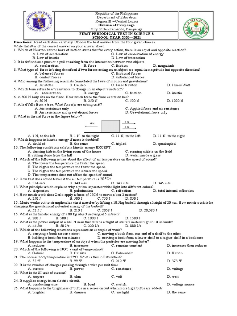Grade 8 First Periodical Test Science | PDF | Newton's Laws Of Motion ...