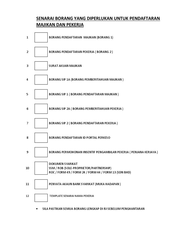 Senarai Borang Yang Diperlukan Untuk Pendaftaran Majikan Dan 