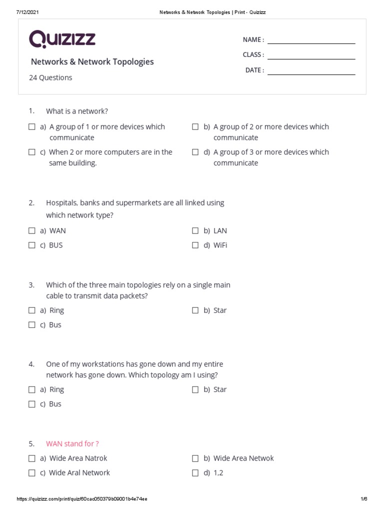 Networks & Network Topologies Print Quizizz PDF Network Topology Local Area Network