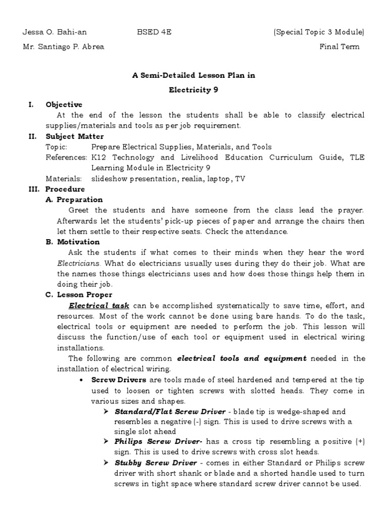 Electrical Tools and Materials Lesson Plan | PDF | Hammer | Electrical ...