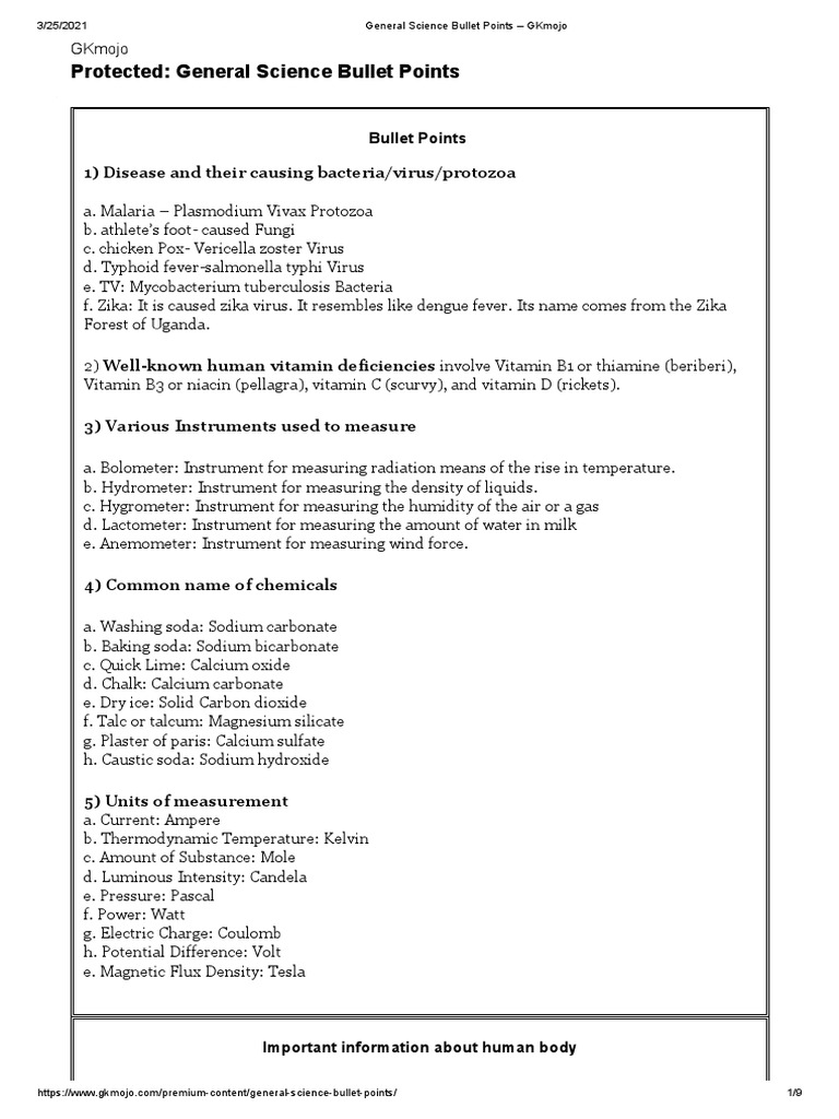 General Science Bullet Points - GKmojo | PDF | Blood | Human Body