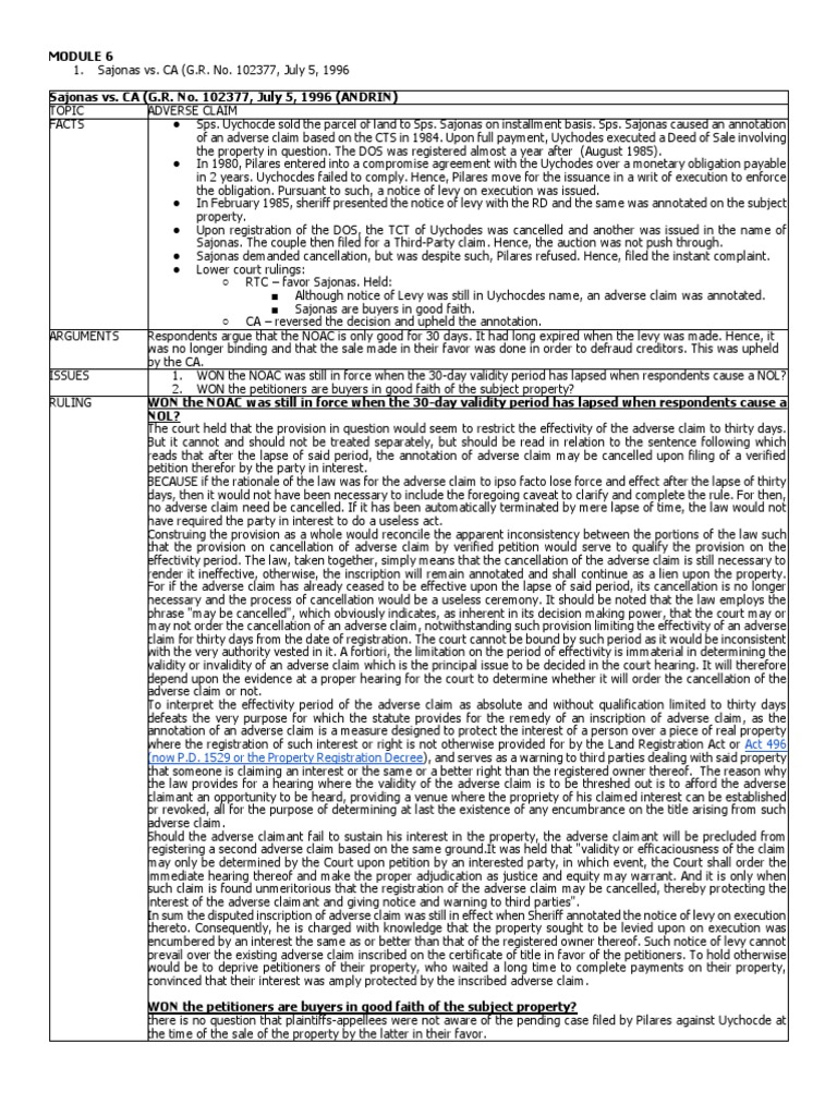 Adverse Claims in Property Disputes | PDF | Mortgage Law | Deed