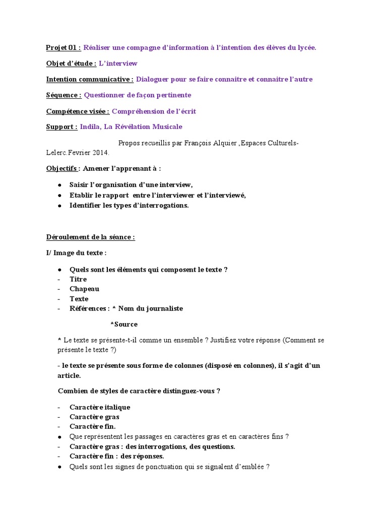 Fiche de Déroulement de La CE Prof Interview | PDF | Divertissement ...
