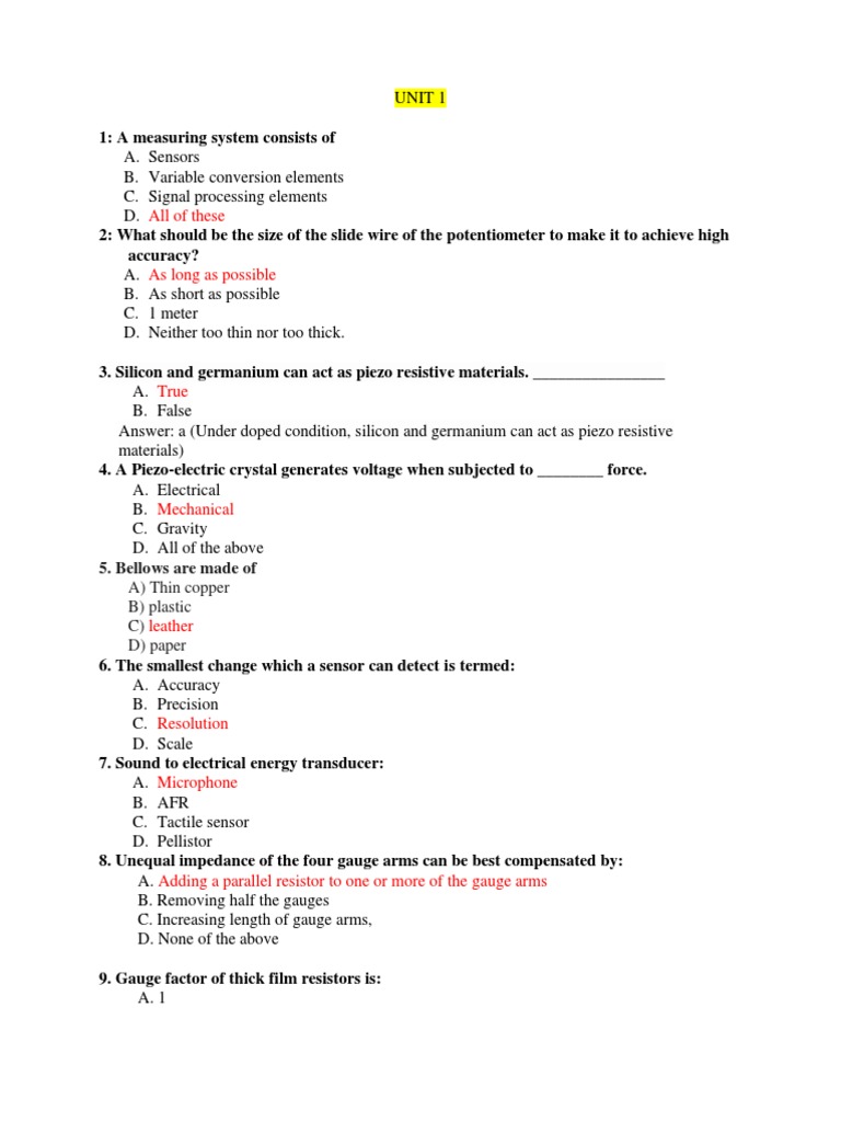 Sensors MCQs UNIT 1 To 5 For Students PDF Analog To Digital