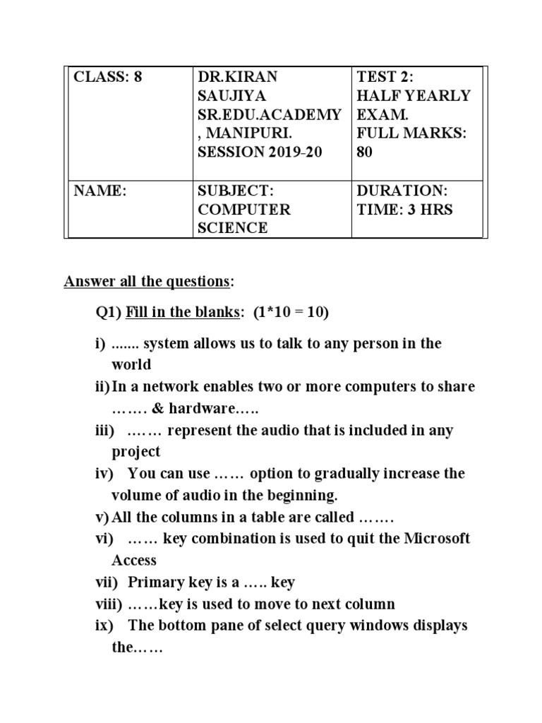 Computer Science Exam Paper of Class 8 PDF Computer Network Databases