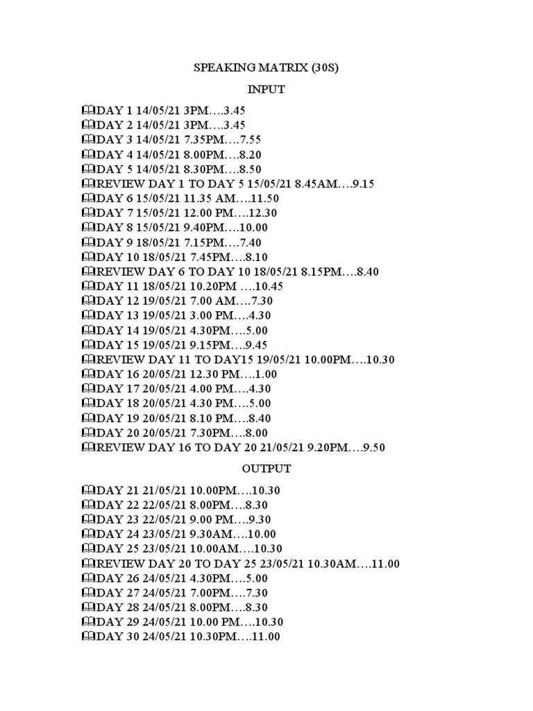 Speaking Matrix Schedule Overview | PDF