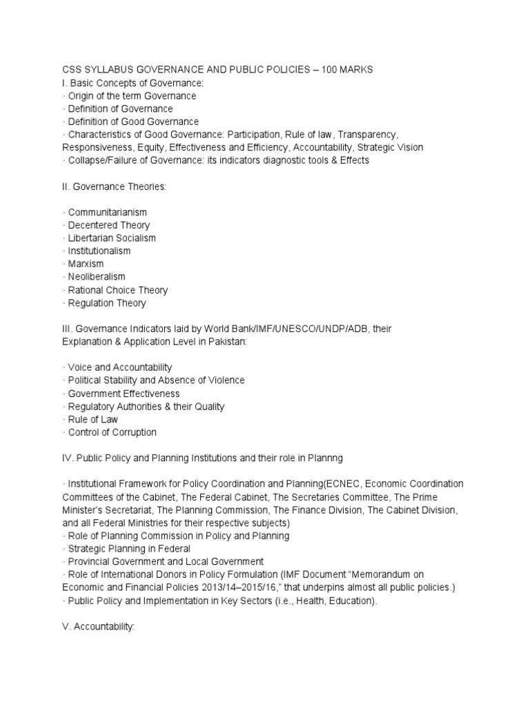 CSS Governance and Public Policy Syllabus | PDF | Supply Chain | Governance