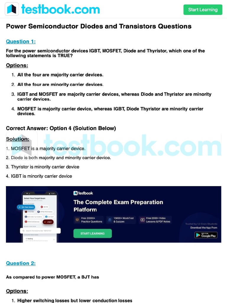Power Semiconductor Diodes and Transistors MCQ by Testbook PDF