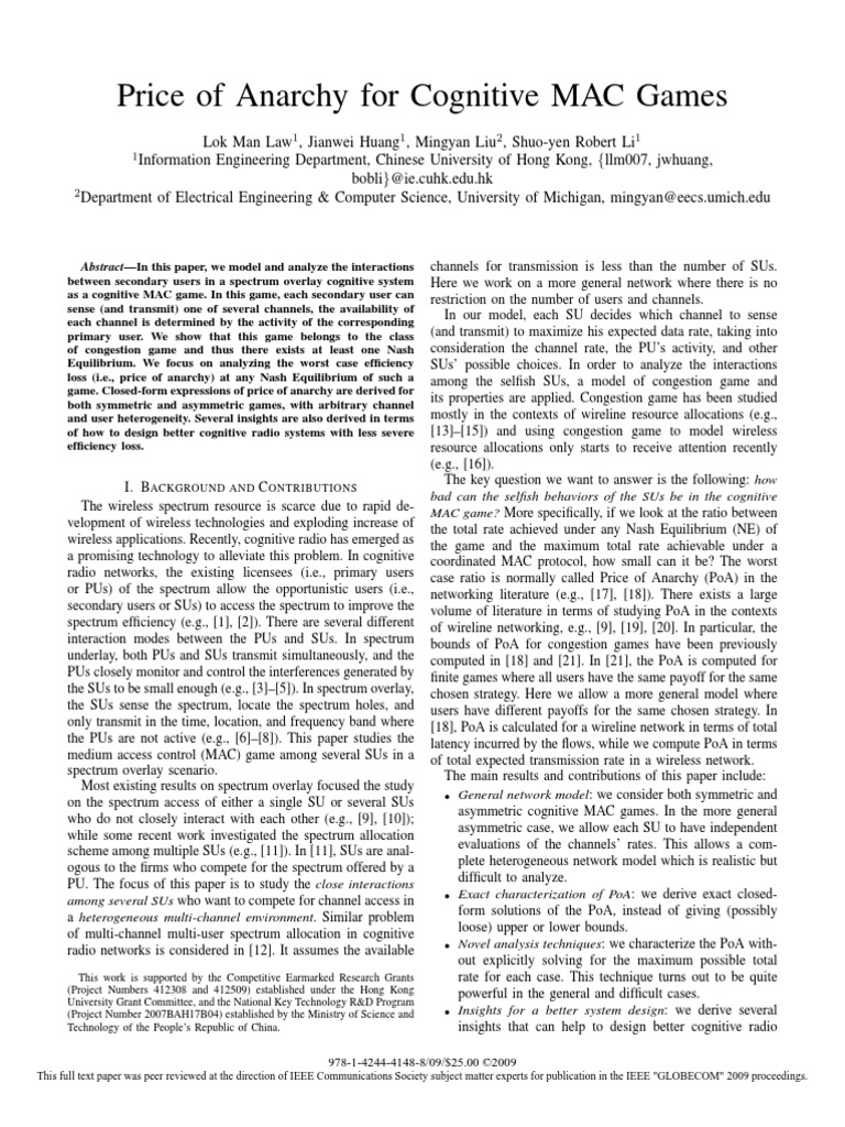 Price of Anarchy For Cognitive MAC Games | PDF | Mathematical ...