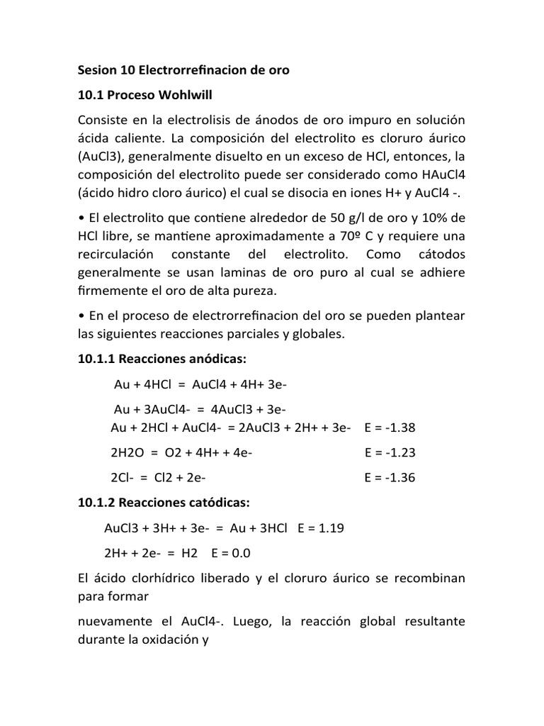Sesion 10 Electrorrefinacion de Oro 10.1 Proceso Wohlwill | PDF | Ácido ...