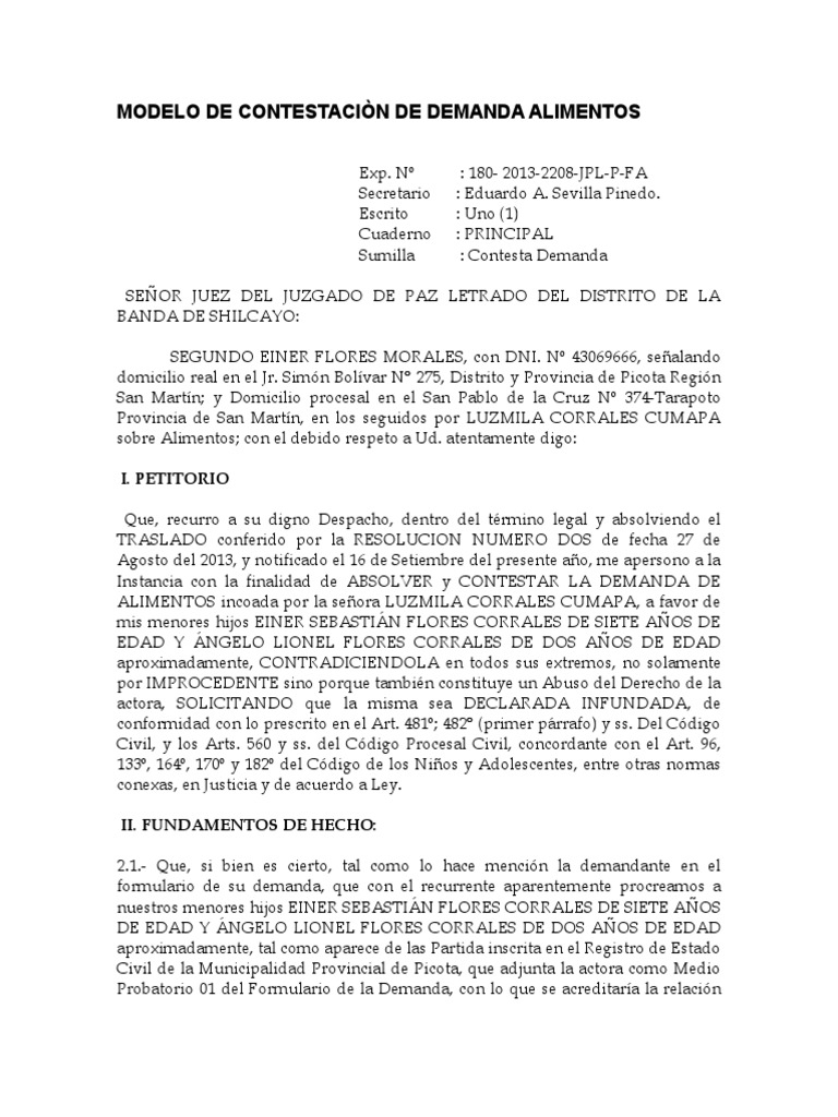 Contestación a Demanda de Alimentos | PDF | Pensión alimenticia | Ley ...